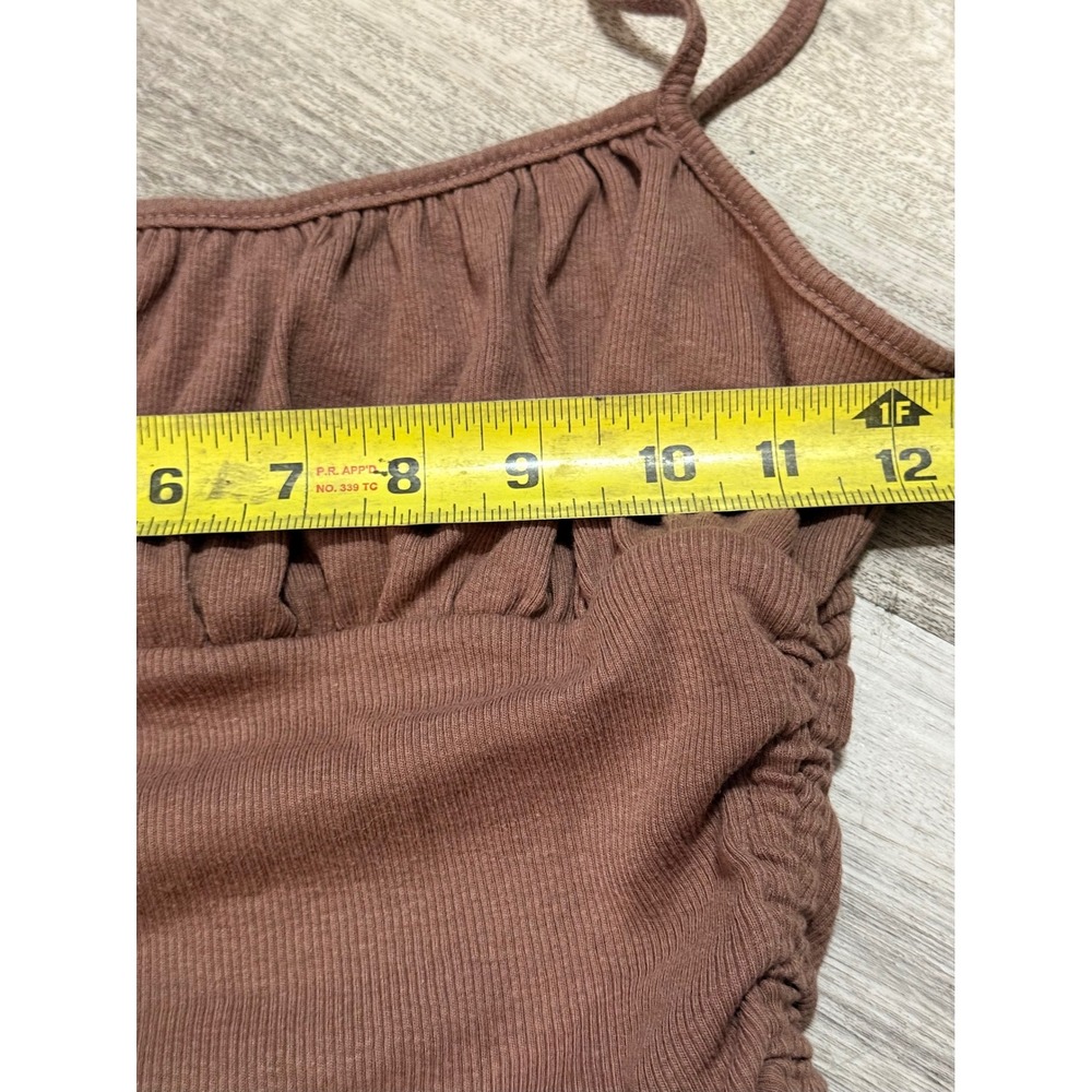 Brown Ruched Drawstring Tank Top Women's Ribbed Spaghetti Strap Crop Top - Picture 3 of 4